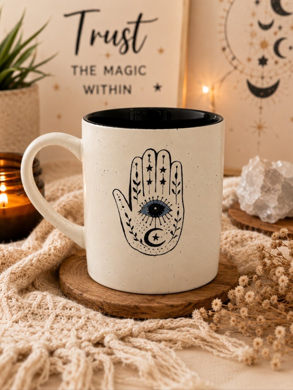 NEW Boho Hamsa Hand Ceramic Mug with Mystic Eye – 17oz Oversized Coffee Cup